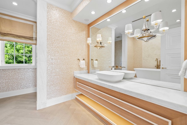 bathroom featuring crown molding, a chandelier, vanity, and parquet flooring