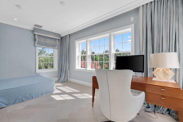 office area with light parquet flooring and crown molding