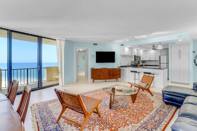 living room with a textured ceiling, a water view, rail lighting, and a healthy amount of sunlight