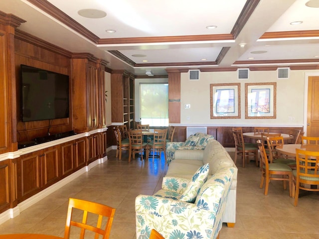 living room with beamed ceiling, light tile patterned flooring, ornamental molding, and coffered ceiling