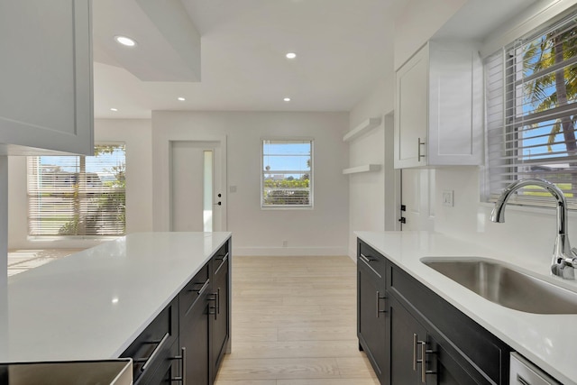 kitchen with white cabinets, light hardwood / wood-style flooring, dishwashing machine, and sink