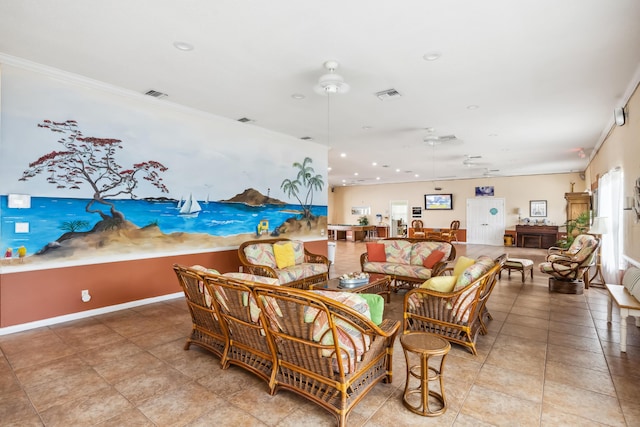 tiled living room with ceiling fan and ornamental molding