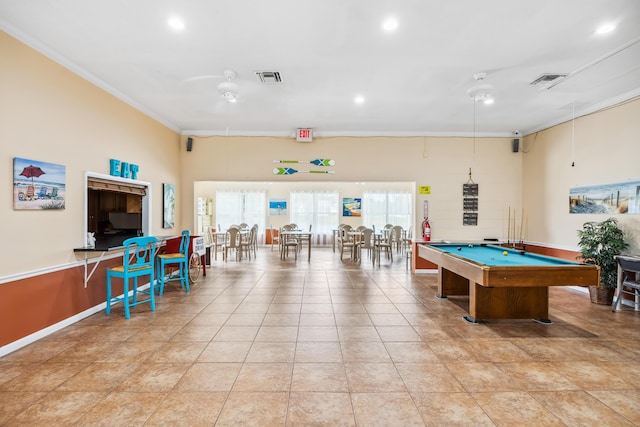 game room featuring ceiling fan, ornamental molding, and pool table