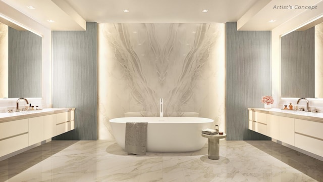 bathroom with a bathing tub and vanity