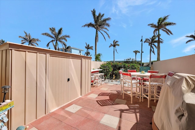 view of patio / terrace featuring a shed