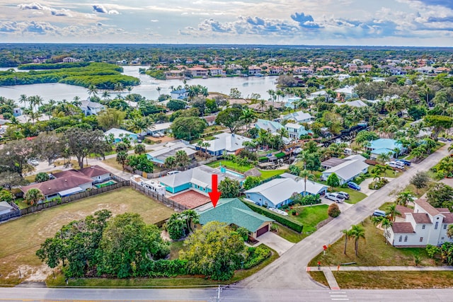 drone / aerial view featuring a water view