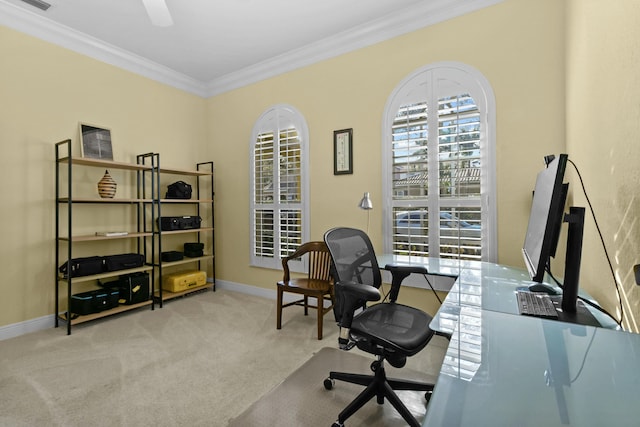 carpeted home office featuring ornamental molding