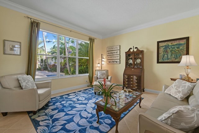 tiled living room with a textured ceiling and crown molding