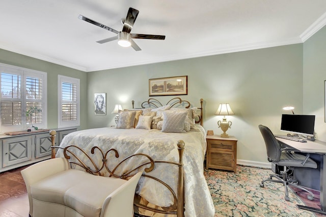 bedroom featuring hardwood / wood-style flooring, ceiling fan, and crown molding