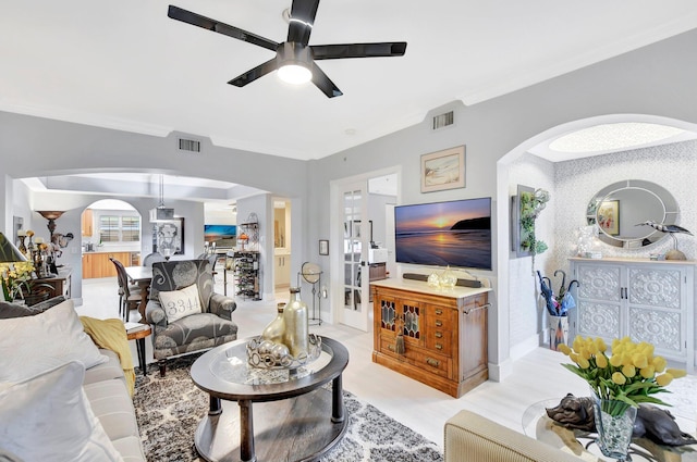 living room featuring ceiling fan