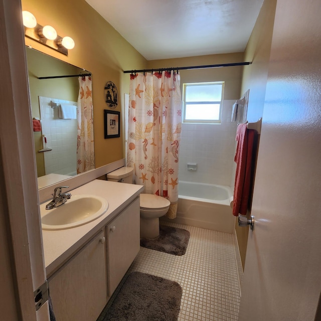 full bathroom featuring tile patterned flooring, shower / bath combination with curtain, vanity, and toilet