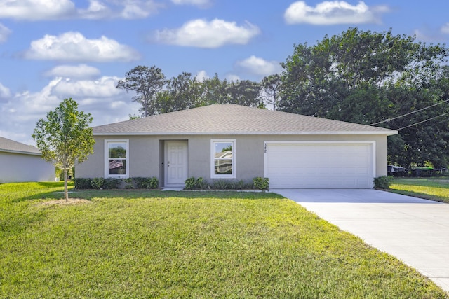 ranch-style home with a garage and a front lawn