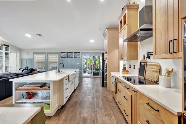 kitchen featuring hardwood / wood-style flooring, wall chimney exhaust hood, light brown cabinets, and sink