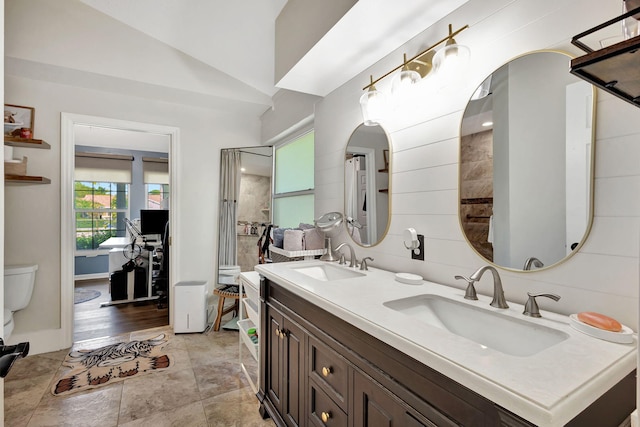 bathroom with vanity, vaulted ceiling, and toilet