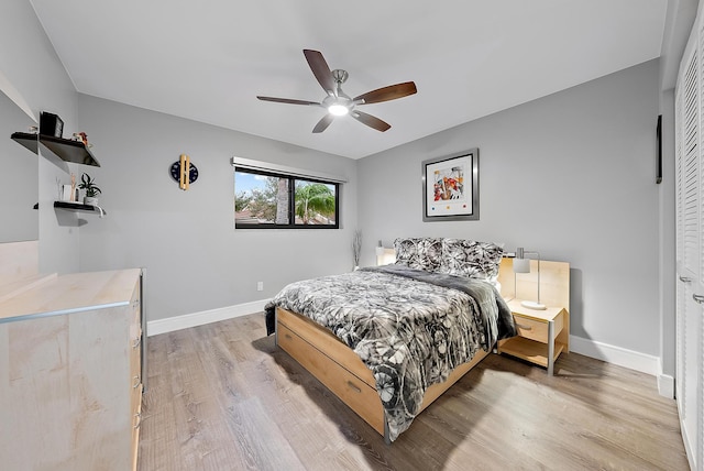 bedroom with light wood-type flooring, a closet, and ceiling fan