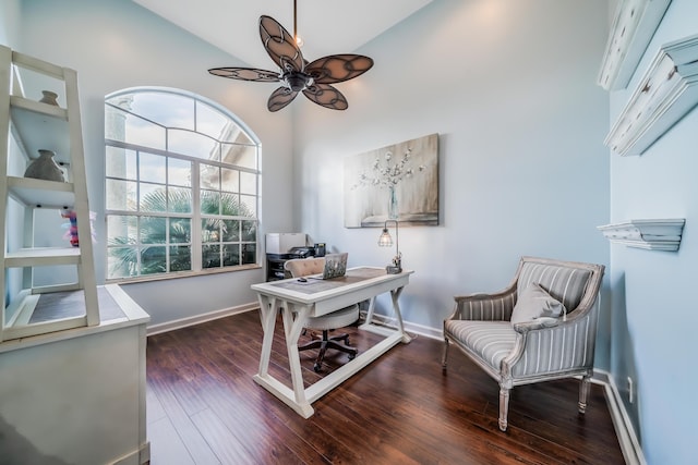 office area featuring ceiling fan, wood finished floors, and baseboards