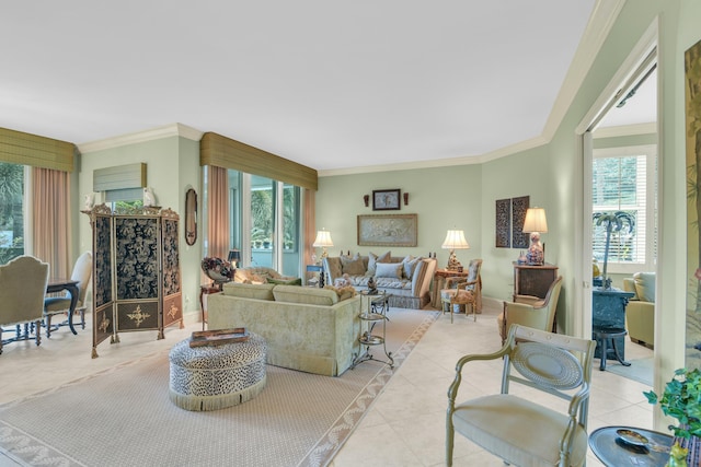 tiled living room featuring crown molding