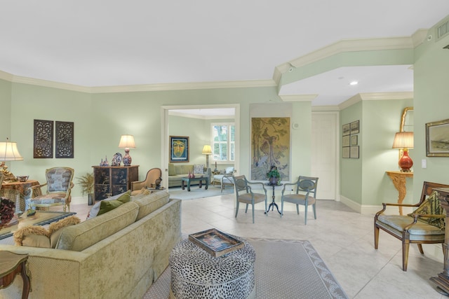 tiled living room with crown molding