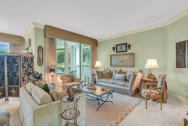 living room featuring crown molding