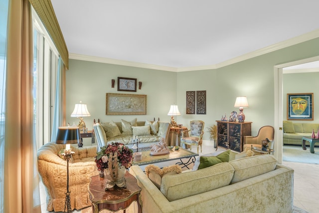 tiled living room with ornamental molding