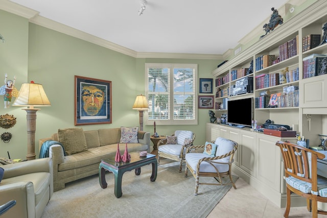 living room with light tile patterned floors and crown molding