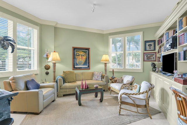 living room with light colored carpet, crown molding, and a wealth of natural light