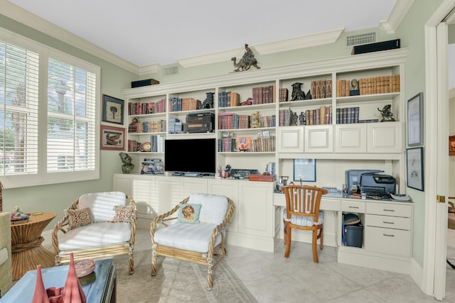 tiled office space featuring crown molding