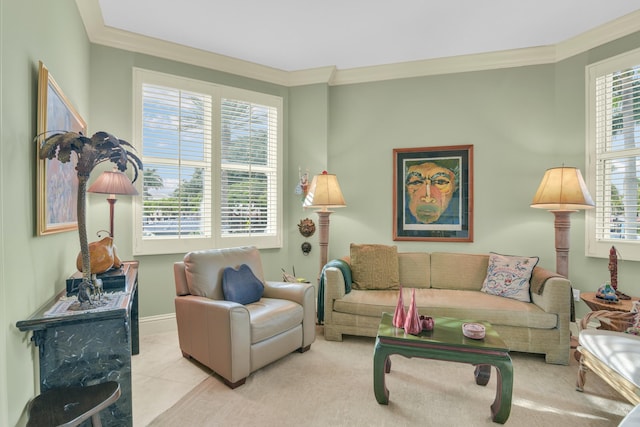 living room with light tile patterned flooring, crown molding, and a wealth of natural light