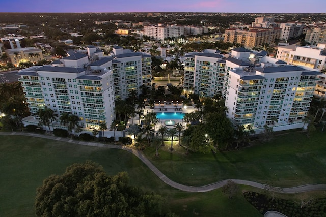 view of aerial view at dusk