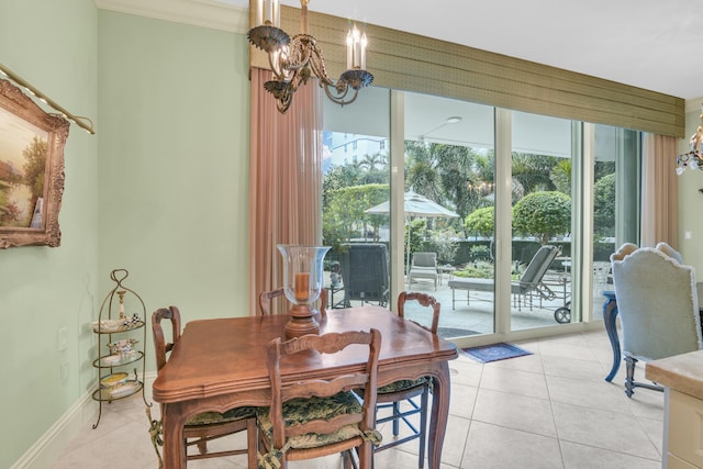 tiled dining room with crown molding and a chandelier