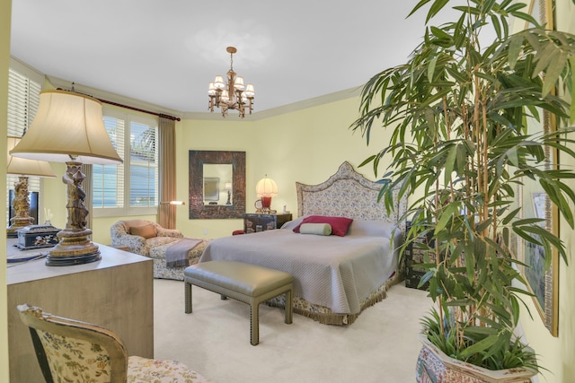 bedroom with multiple windows, crown molding, and a chandelier