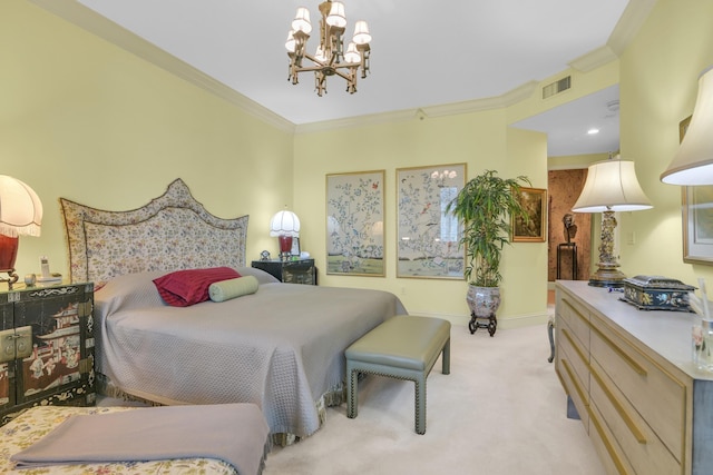 carpeted bedroom featuring a chandelier and crown molding