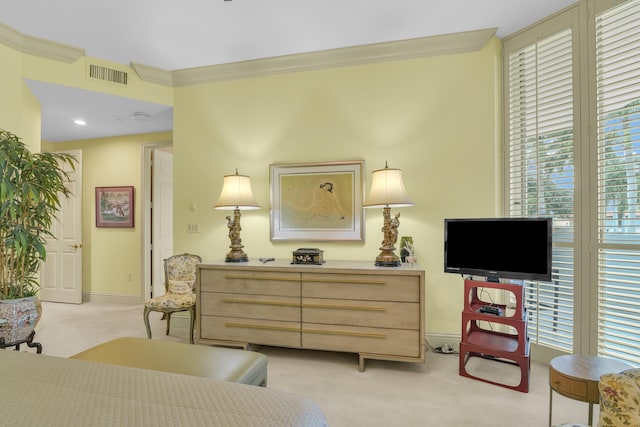 living area featuring light colored carpet and ornamental molding