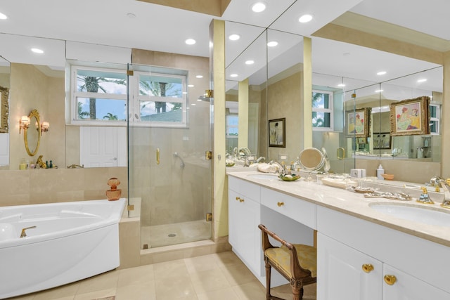 bathroom with separate shower and tub, tile patterned floors, and vanity