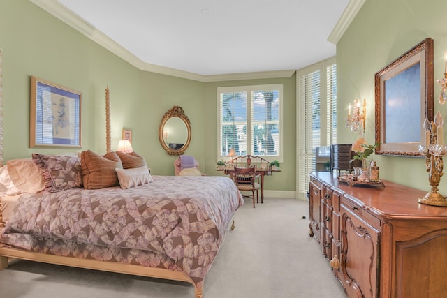 carpeted bedroom featuring crown molding