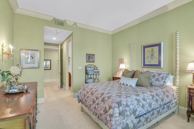 bedroom featuring light carpet and ornamental molding