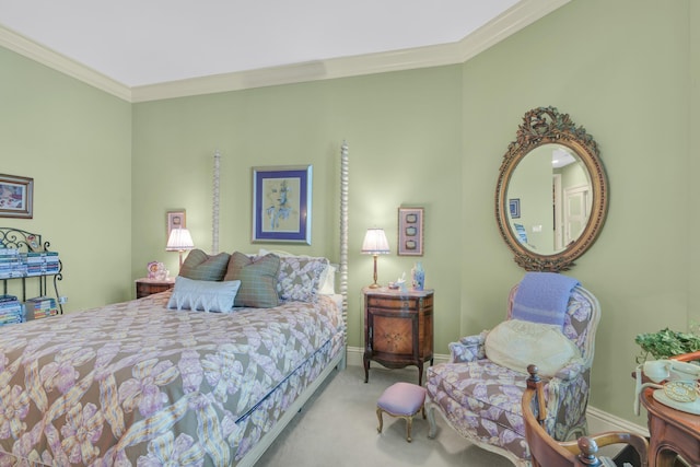 bedroom featuring light carpet and crown molding