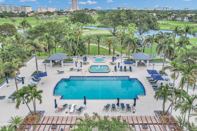 view of swimming pool with a gazebo and a patio area