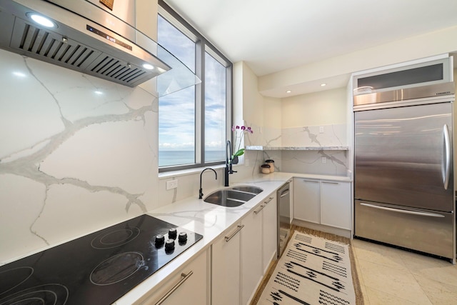 kitchen featuring sink, stainless steel appliances, a water view, light stone countertops, and island exhaust hood