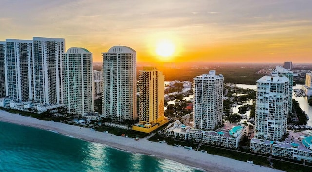 view of city featuring a water view and a beach view