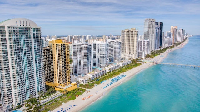 bird's eye view featuring a water view and a beach view