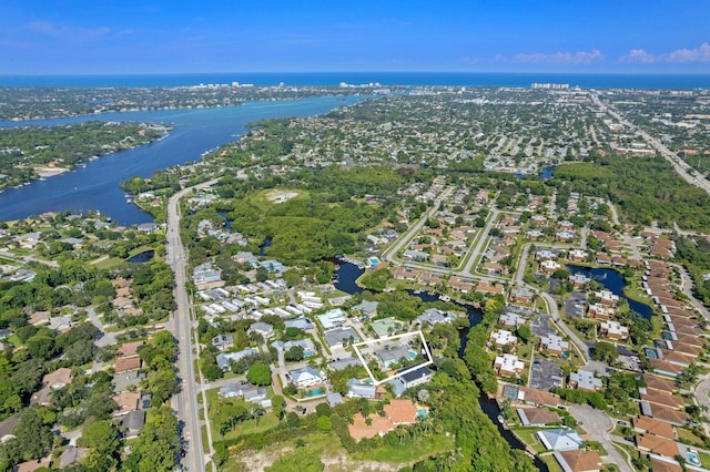 aerial view featuring a water view