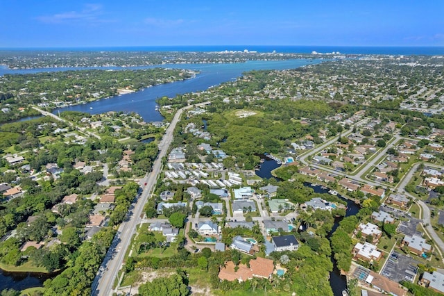 drone / aerial view featuring a water view