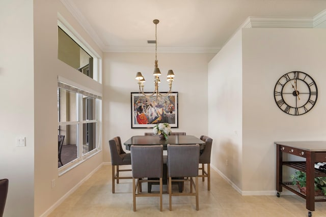 tiled dining space featuring an inviting chandelier and crown molding