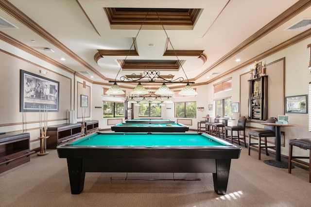 playroom featuring a raised ceiling, crown molding, and billiards