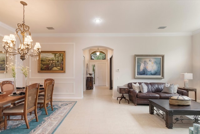 tiled dining space featuring a chandelier and ornamental molding