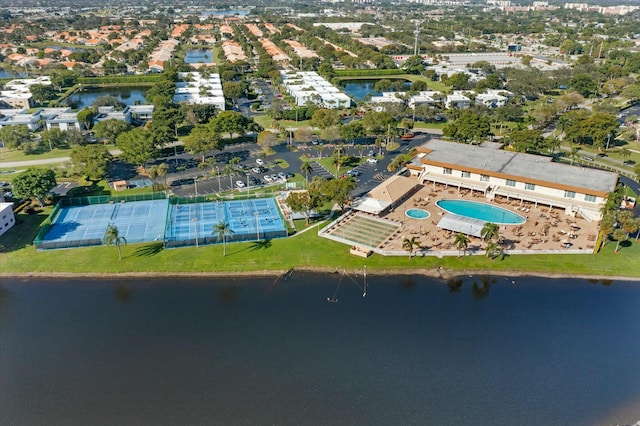 bird's eye view with a water view