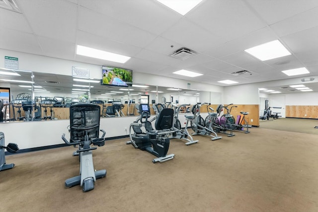 exercise room featuring carpet and a drop ceiling