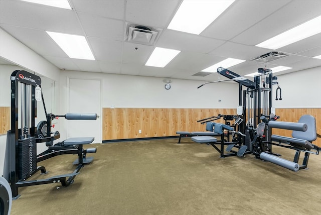 exercise room featuring a paneled ceiling and carpet