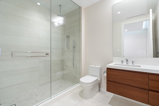 bathroom featuring a shower with door, toilet, tile patterned floors, and vanity